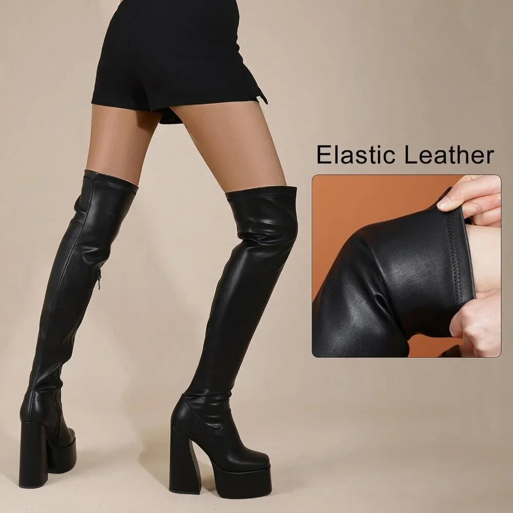 Women Black Synthetic Thigh High Boots Chunky Block Heels Over The Knee Boots